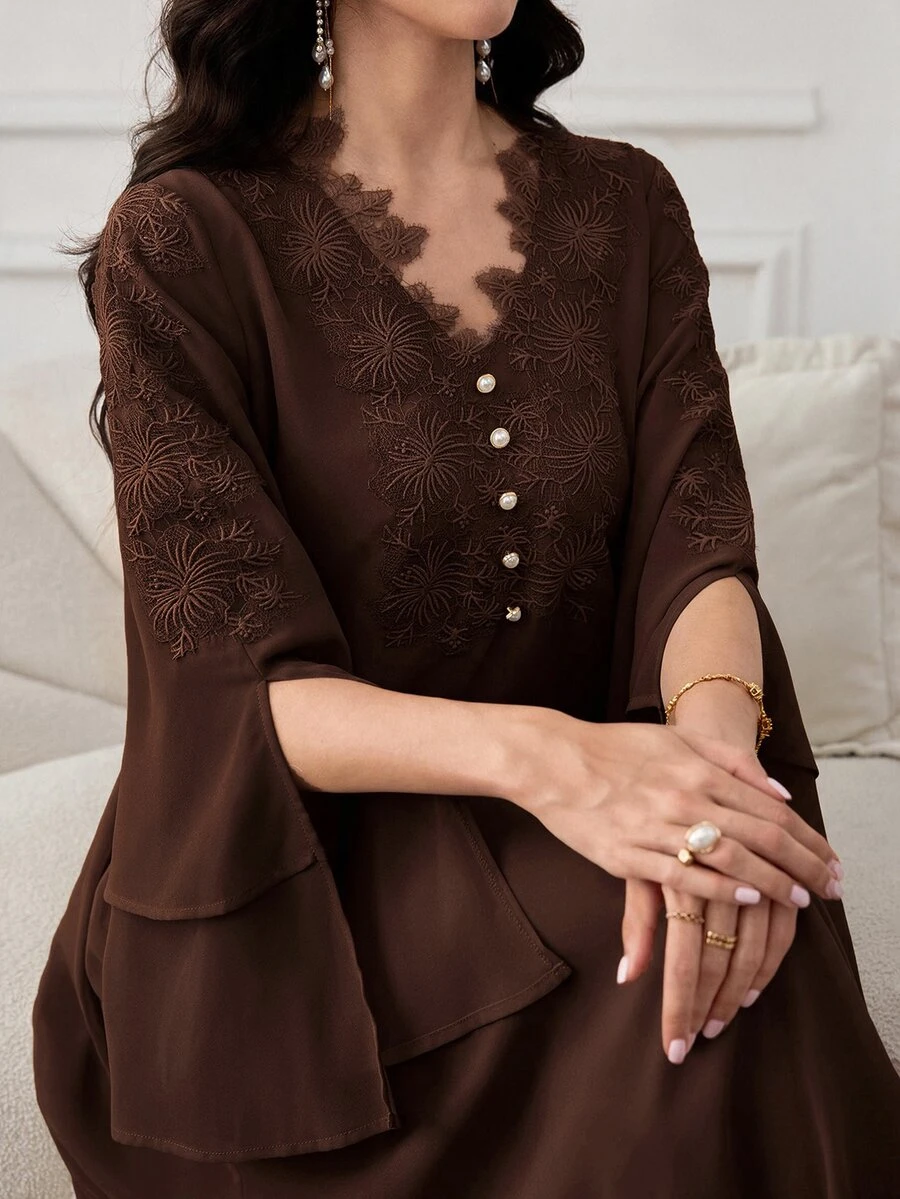 Al Najma Women's Button Decor Lace Solid Color Loose Arabian Dress - Coffee Brown - View 1