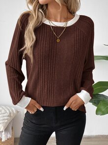 SHEIN LUNE 2024秋冬女款新款美拉德色系圓領運動衫上衣 - 棕色 - 查看 4