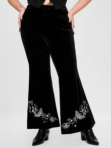 ROMWE Plus Size Women's Gothic Style Embroidered Butterfly & Moon Pattern Velvet Flare Pants - Black - View 5