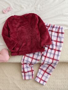 Genkimix Kids Girls' Plush Plaid Long Sleeve Top And Pants Casual Comfortable Soft 2 Pieces Lounge Wear Set Pajamas - Red - View 3