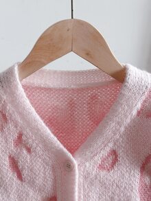 SHEIN 女童少女秋冬復古休閒豹紋V領開襟羊毛衫 節慶萬聖節返校穿搭 - 淺粉色 - 查看 3