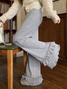 DAZY Women's Gray Knitted Ribbed Ruffle Wide Leg Pants, Sweet Casual For Shopping And Home Wear, Autumn/Winter - Grey - View 1