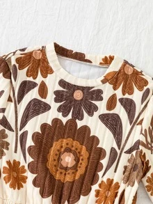Girls Fall Winter Rib Knit Solid & Vintage Floral Long Sleeve Dress 2pcs Pack - Brown - View 8