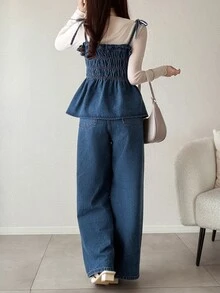 FRIFUL Women's Pleated Camisole Top And Long Pants Casual Cute Daily Date Denim Set Everyday Going Out Blue Summer - Blue - View 8