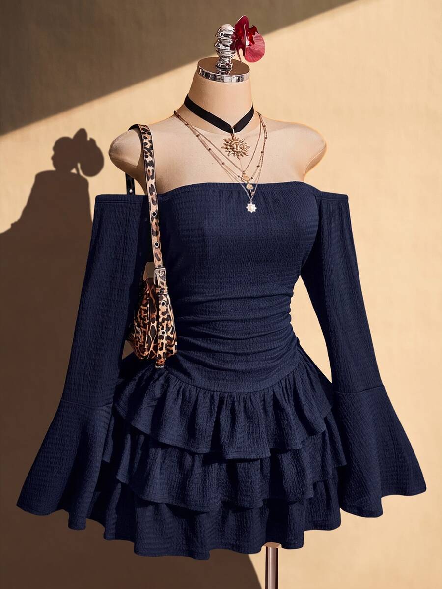 SHEIN ICON 女款大尺碼黑色紋理露肩洋裝 - 藏蓝色 - 查看 1