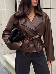 Aloruh Jaket Trench Coat Pendek Khaki Serbaguna untuk Musim Gugur/Dingin untuk Wanita - Coklat - View 1