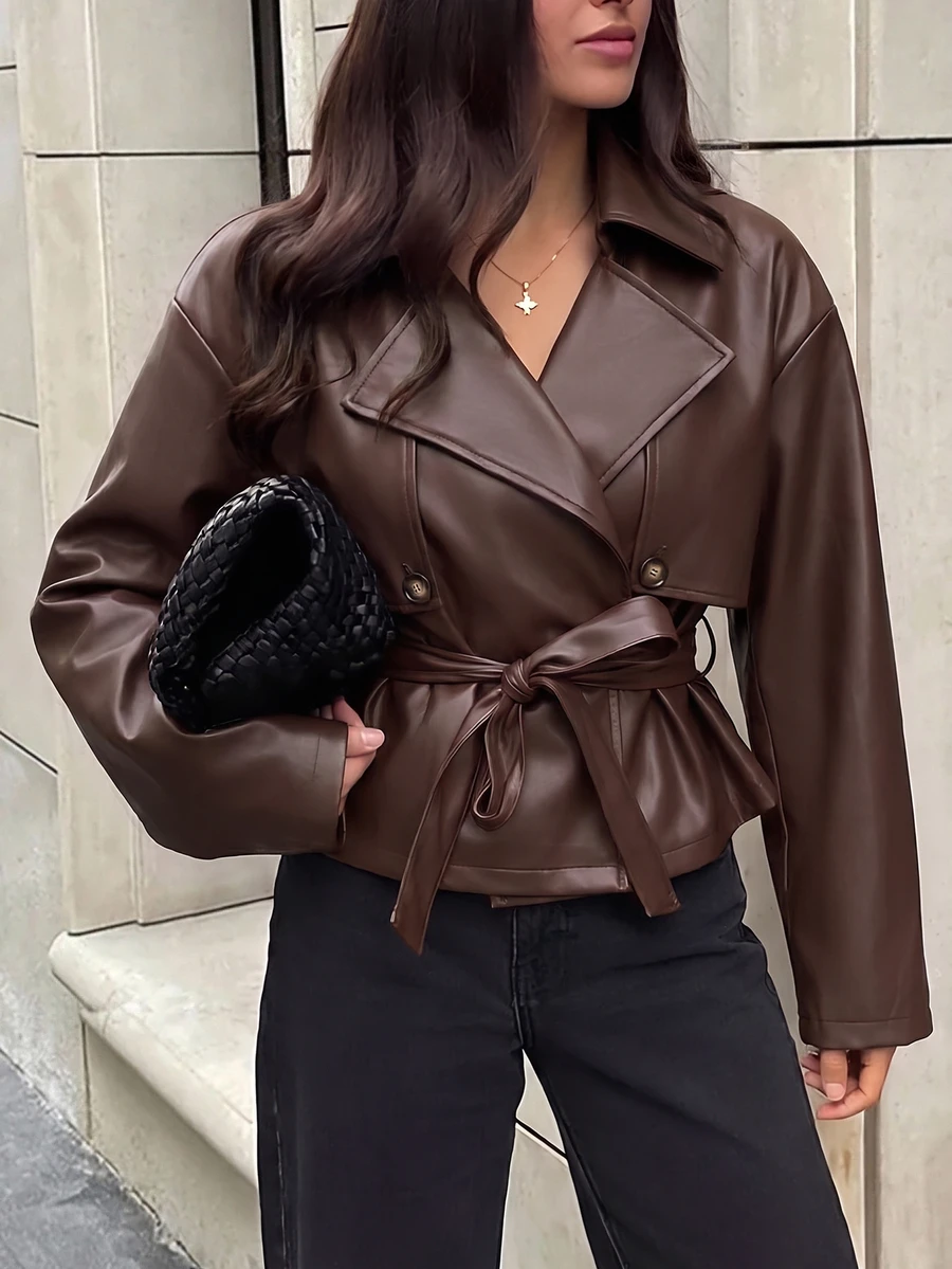 Aloruh Jaket Trench Coat Pendek Khaki Serbaguna untuk Musim Gugur/Dingin untuk Wanita - Coklat - View 1