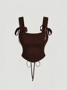 SHEIN MOD Plus Size Red Bow Front Tie Bustier Tank Top - Brown - View 3