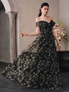 Anewsta Affair Women's V-Neck Cold Shoulder Backless Tie-Up Dress With Handmade 3D Floral Decor And Shiny Mesh Patchwork Evening Party Dress - Black - View 3