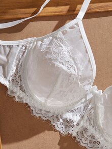 Myrelith Lace Patchwork Solid Color Underwire Push-Up Semi-Sheer Unlined Women's Bra - White - View 5