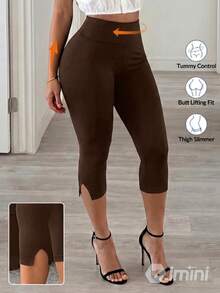 BamGleam Seamless Knit Sexy Split Leg Solid Color Capri Pants - Mocha Brown - View 1