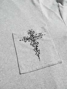 ROMWE MEN Street Life Vintage Men's Gothic Cross Graphic Distressed Long Sleeve T-Shirt - Grey - View 4