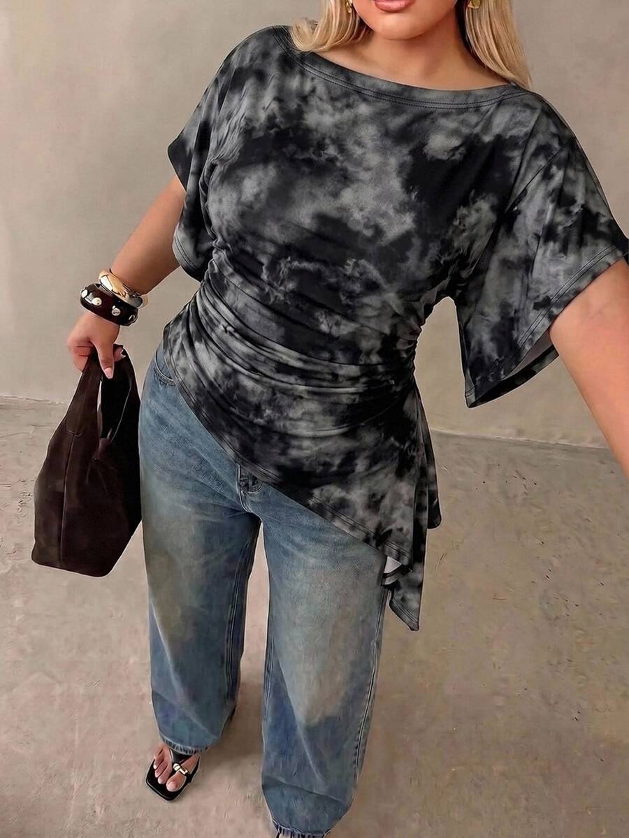 Auralis 休閒紮染圖案大尺碼女款不對稱剪裁黑灰色T恤,約會、派對、返校適用 - 彩色 - 查看 1
