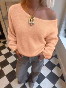 Selianne French Style Asymmetrical Shoulder Loose Fit Versatile Women's Sweater - Orange - View 6