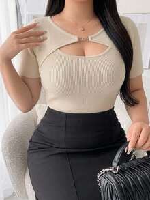 Dazy Plus Round Neck Cutout Front Short Sleeve Layered 2 In 1 Sweet Knit Top - Apricot - View 5