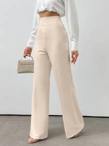 SHEIN Petite Size Women's Solid Color Casual Elegant Woven Wide Leg Pants Office Brunch Tea Party Work White Summer - Beige - View 4