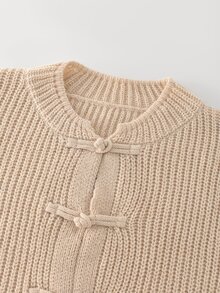 Balvessa Women's Solid Color Round Neck Frog Button Casual Daily Versatile Long Sleeve Knit Top - Apricot - View 7