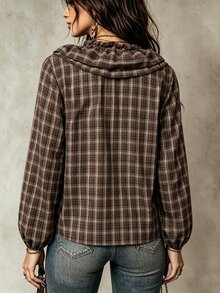 SHEIN PariChic INS French Style Ruffle Trim Plaid Shirt For Women - Coffee Brown - View 2