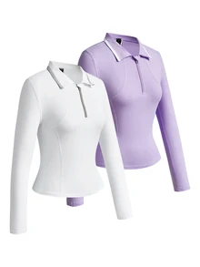 SHEIN Velisys قميص بولو رياضي نسائي بلون موحد بسحاب 1/4 وأكمام طويلة ضيق - متعدد الألوان - مشاهدة 8