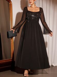 Cravure Plus Size Women Elegant Party Banquet Sequin Long Sleeve Dress - Black - View 4