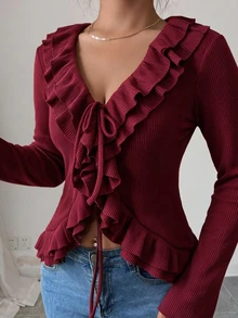 Elenzga Christmas Party Ruffle TieFront Fuzzy Knit Long Sleeve Slim Goingout Top - Burgundy - View 5