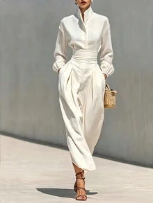 SHEIN LUNE Women's Solid Color Pleated Casual Party & Travel Dress - Ivory White - View 1