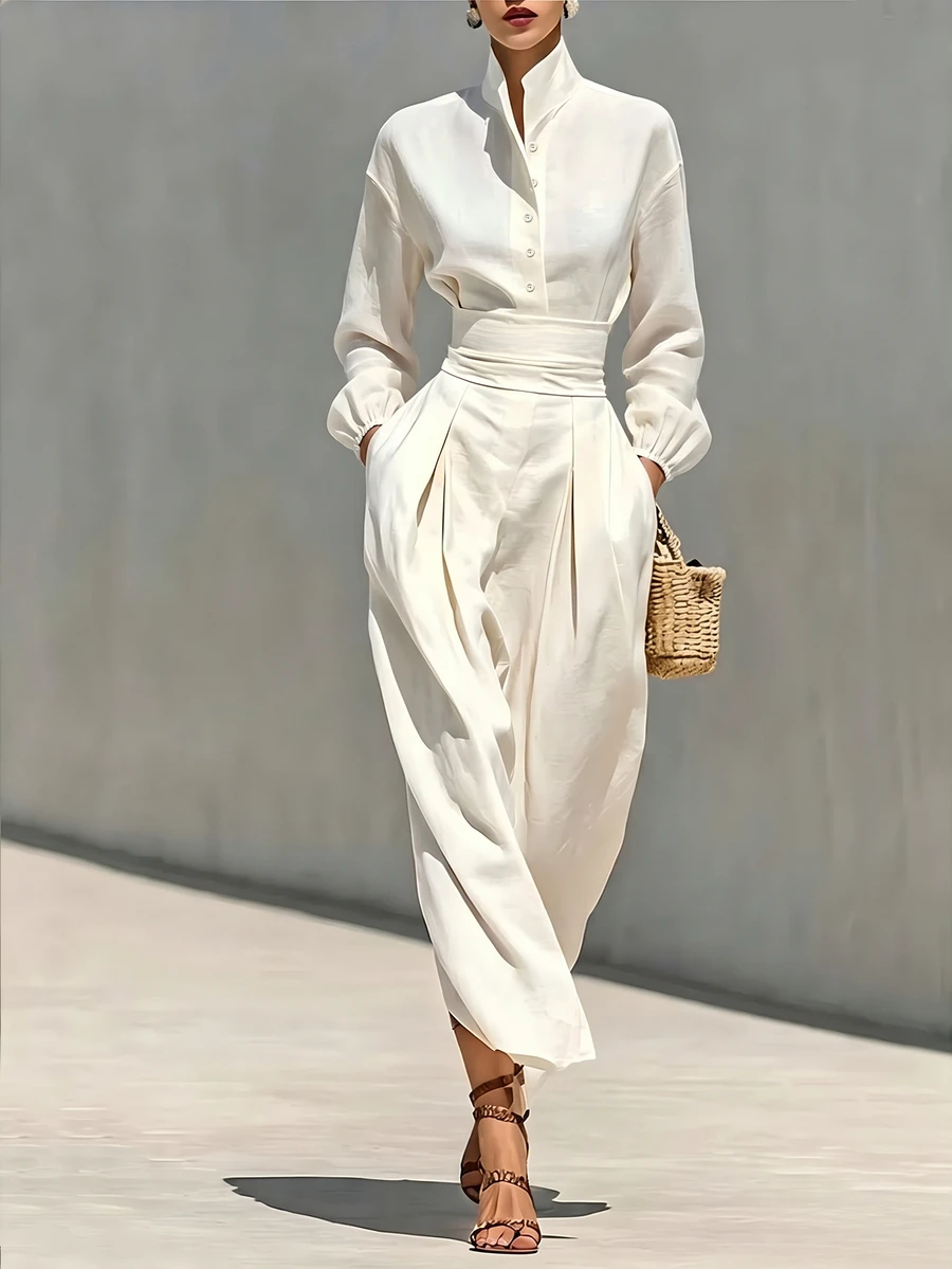 SHEIN LUNE Women's Solid Color Pleated Casual Party & Travel Dress - Ivory White - View 1
