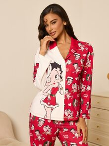 Betty Boop x SHEIN Bộ đồ ngủ nữ áo tay dài phối màu tương phản cài nút và quần dài in họa tiết hoạt hình - Đỏ và trắng - Xem 6