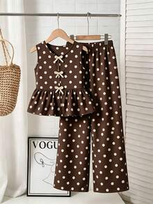 Tween Girl Polka Dot Bow Decor Sleeveless Blouse And Wide Leg Pants 2 Pieces Set - 棕色 - 查看 4
