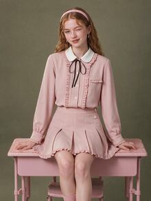 Elnivra Women's Ruffle Button Sweet Blouse And Pleated Mini Skirt 2 Pieces Set - Pink - View 1