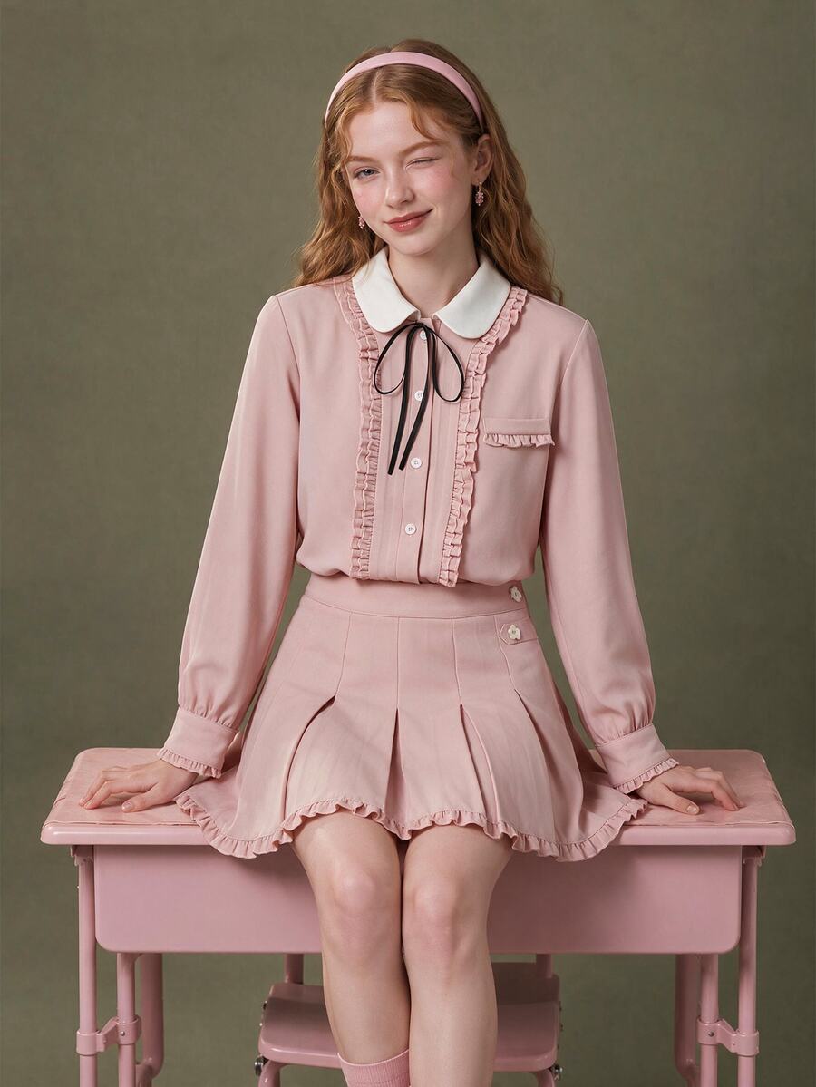 Elnivra Women's Ruffle Button Sweet Blouse And Pleated Mini Skirt 2 Pieces Set - Pink - View 1