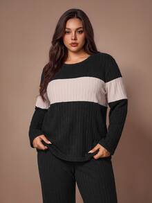 Lazeform Minimalist Colorblock Ribbed Knit 2 Pieces Loungewear Set, Cozy Comfortable Plus Size Women's Pajama Set - Black - View 4