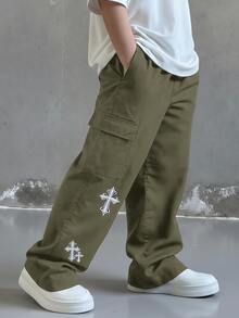 SHEIN Little Byeori 兒童青少年男孩休閒日常舒適工裝直筒寬鬆長褲，軍綠色工裝褲，新年，6-7歲適用，適合外出、約會、上學，春夏秋冬四季皆宜 - 軍綠色 - 查看 1