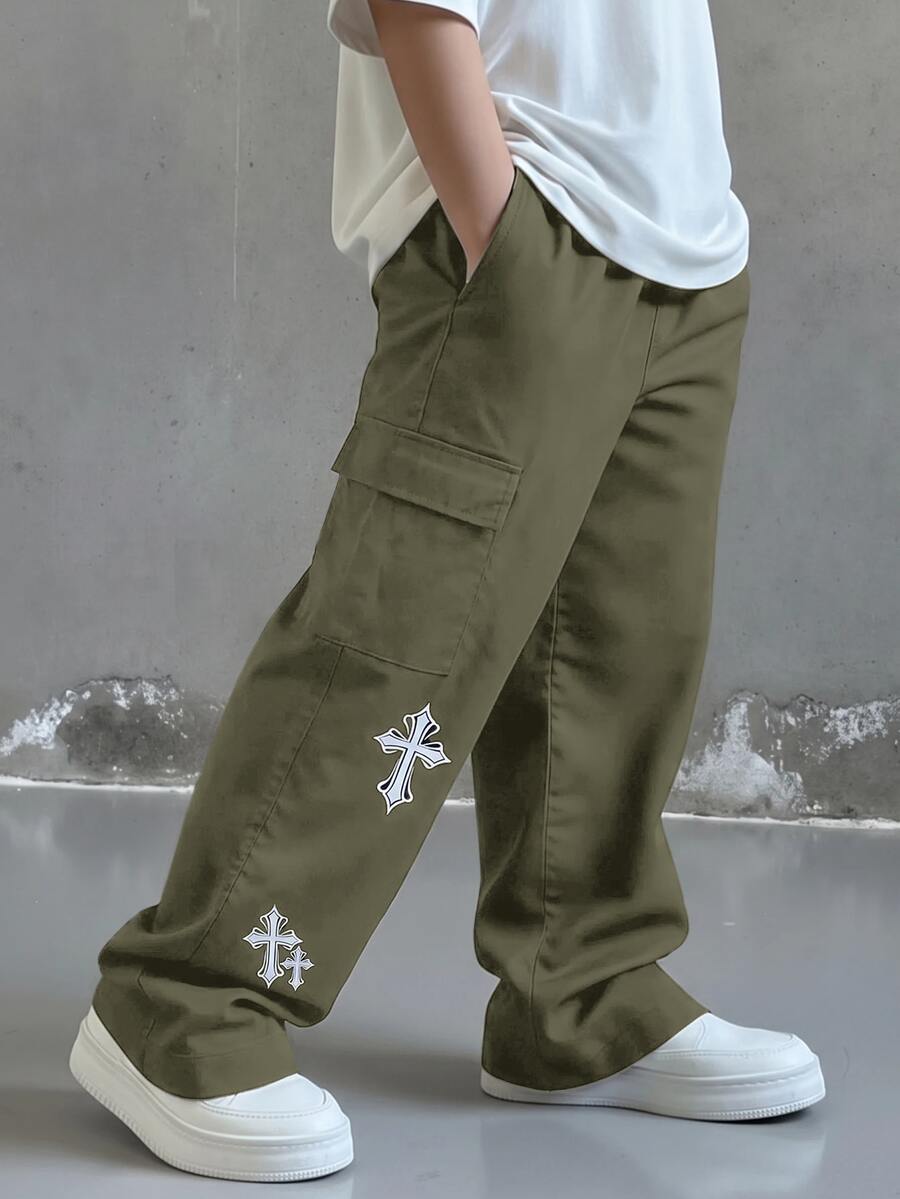 SHEIN Little Byeori 兒童青少年男孩休閒日常舒適工裝直筒寬鬆長褲,軍綠色工裝褲,新年,6-7歲適用,適合外出、約會、上學,春夏秋冬四季皆宜 - 軍綠色 - 查看 1