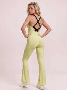 Sovereign Charm Women's Street Fashion Ruched Athletic Jumpsuit With Flared Leg, Yoga & Fitness - Yellow - View 5