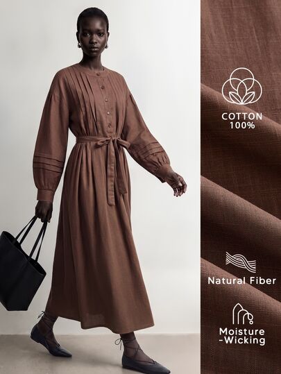 Aalyst Women's Simple Daily Button Pleated Long Sleeve Dress