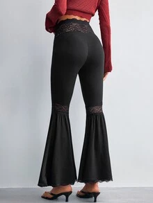 Willow Rêve Women's Black Knitted Flare Pants With Lace Trim - Black - View 2