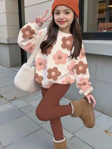 女童可愛紋理波點與花卉圖案、美拉德色調、圓領衛衣與鬆緊腰長褲套裝，適合秋冬，女童套裝，休閒、可愛、舒適秋冬風格 - 彩色 - 查看 1