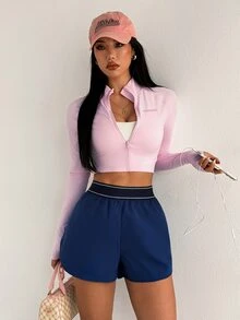 SHEIN Dewbera Women's Fashion Versatile Solid Color Asymmetrical Side Athletic Shorts - Navy Blue - View 3