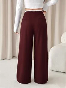 SHEIN PETITE 女款拼色休閒日常穿著長褲，女士春秋休閒抽繩口袋長褲 - 酒紅色 - 查看 2
