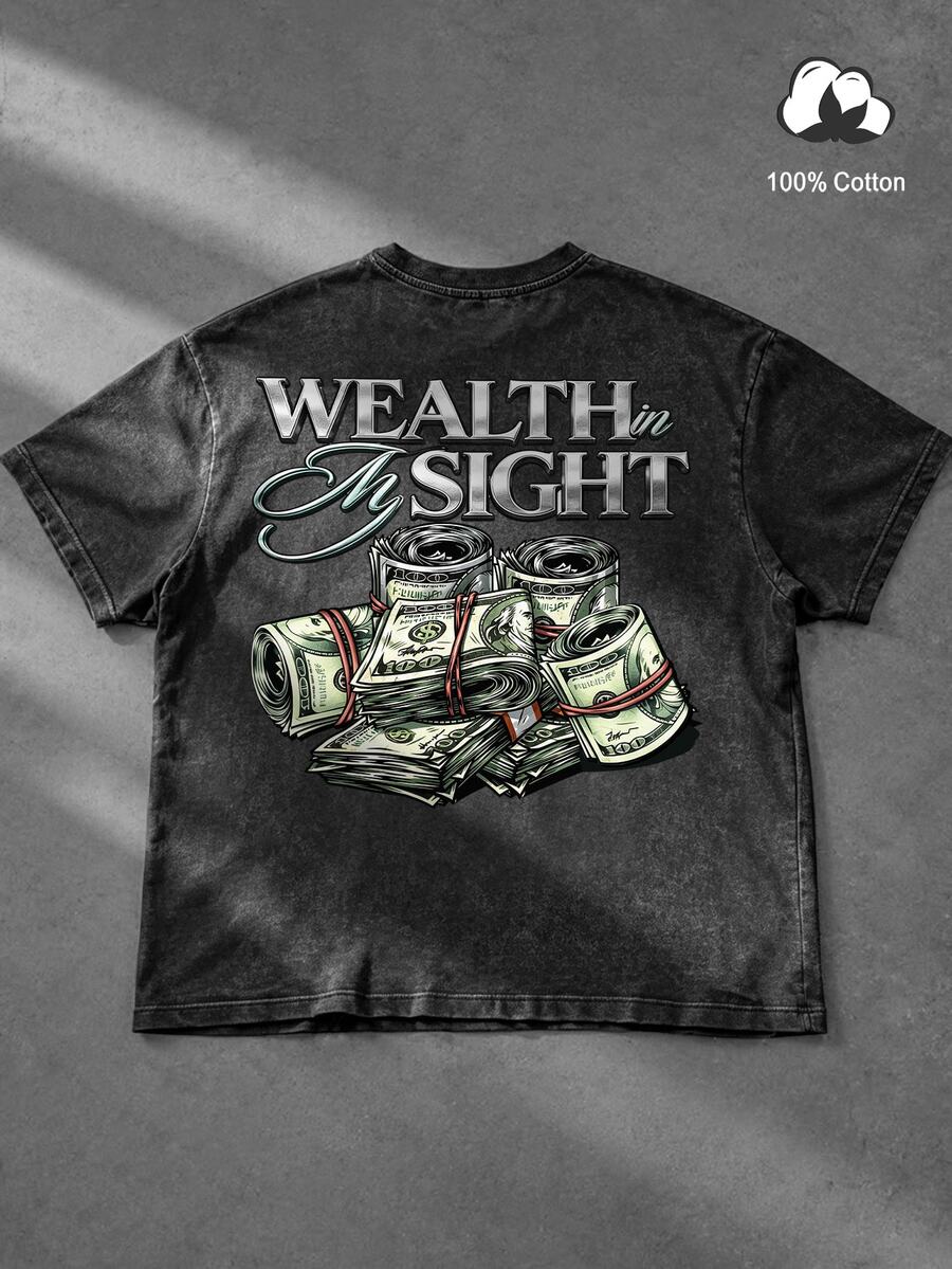 Manfinity EMRG 男士水洗黑色短袖T恤,復古疊加美鈔圖案與「Wealth In Sight」字母印花圓領上衣,Y2K風格街頭風T恤,適合音樂節、演唱會、日常休閒與外出 - 黑色 - 查看 1