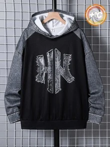 SHEIN Teen Boy Teen Boys Streetwear Denim Print Hooded Sweatshirt, Suitable For Autumn/Winter, School, Family Gatherings, Back To School, Sports, Play, Birthday Parties, Photos, Vacation, Holidays - Multicolor - View 1