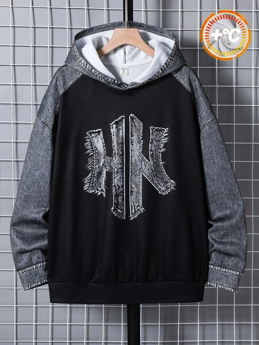SHEIN Teen Boy Teen Boys Streetwear Denim Print Hooded Sweatshirt, Suitable For Autumn/Winter, School, Family Gatherings, Back To School, Sports, Play, Birthday Parties, Photos, Vacation, Holidays - Multicolor - View 1