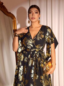 Cravure Plus Size Women's V-Neck Flare Short Sleeve Ruched Pleated Elegant Party Dress In Black, Suitable For Spring, Autumn And Winter - Black - View 7