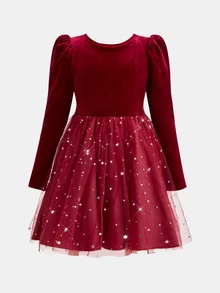 SHEIN 女童聖誕優雅紅色天鵝絨拼接薄紗露背蝴蝶結公主裙，假日派對、新年禮物、聖誕派對洋裝、聖誕連身裙、紅色裙子 - 紅色 - 查看 5
