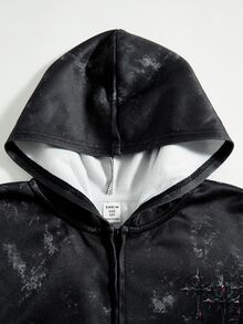 Kids Tween Boys Street Style Black And White Cross-Print Faux Wash Zip-Up Hoodie Suitable For The Fall Back-To-School Season - Black and White - View 5