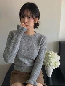 DAZY Women's Round Neck Long Sleeve Casual Minimalist Sweater - Grey - View 1