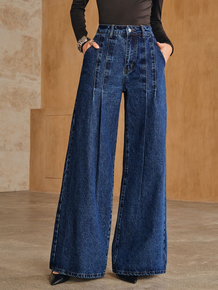Anewsta Celana Panjang Wanita Model Baru Kasual dengan Desain Patchwork Warna Biru, Potongan Lurus - Biru - View 1
