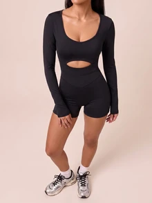 SHEIN BAE Women's Solid Color Round Neck Waist Cutout Slimming Fashion Long Sleeve Athletic Jumpsuit - Black - View 1
