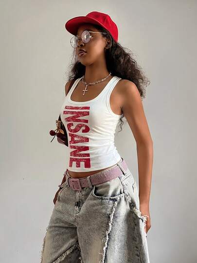 Fiercella Fiercella Tank Top Wanita Musim Semi/Panas Model U-Neck Putih Motif Gurun Pasir Slim Fit Nyaman Streetwear Gaya Y2K Hot Girl Rock Seksi